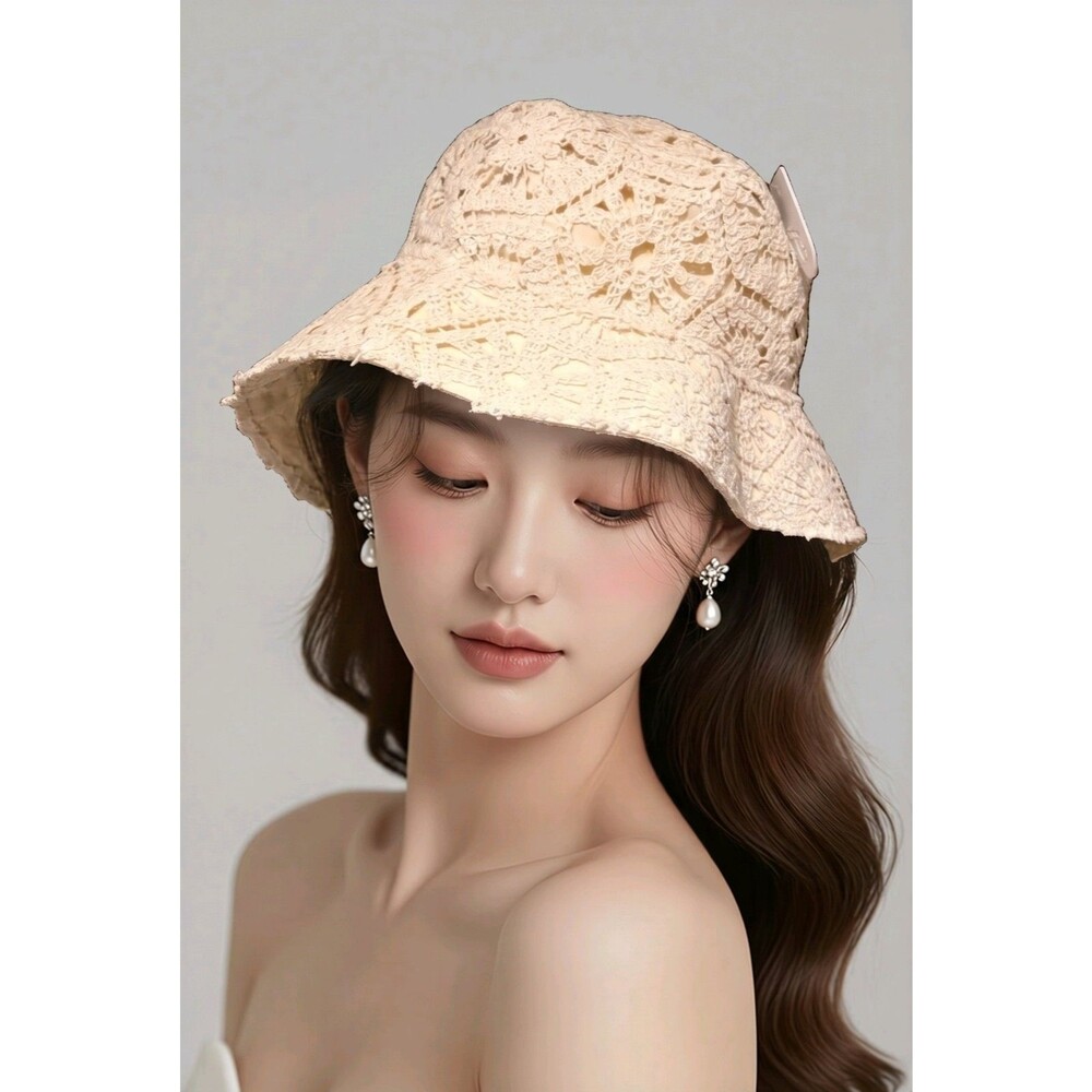 House of Harlow 1960 Ivory Crochet Bucket Hat One Size New